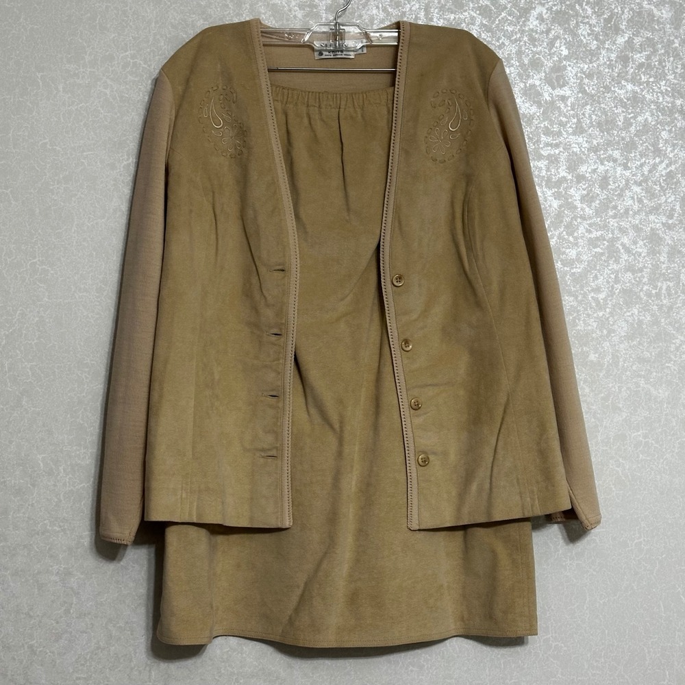 St Croix Knits Tan Zephyr Wool Suede Blazer Skirt‎ Set Paisley Embroidered VTG L